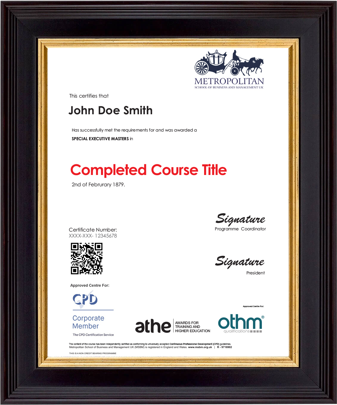 Special Executive Masters Sample Certificate